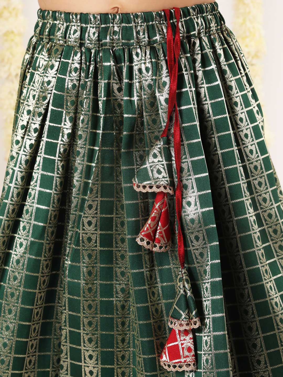 Vastramay Girl's Maroon And Green Pavda Pattu Lehenga Choli Set