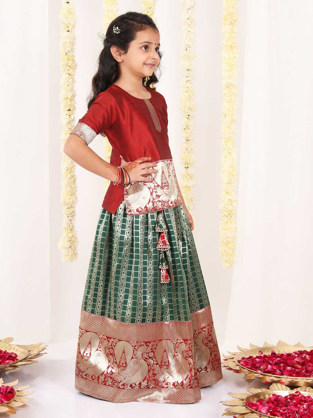 Vastramay Girl's Maroon And Green Pavda Pattu Lehenga Choli Set