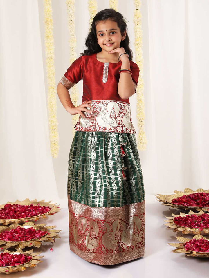 Vastramay Girl's Maroon And Green Pavda Pattu Lehenga Choli Set