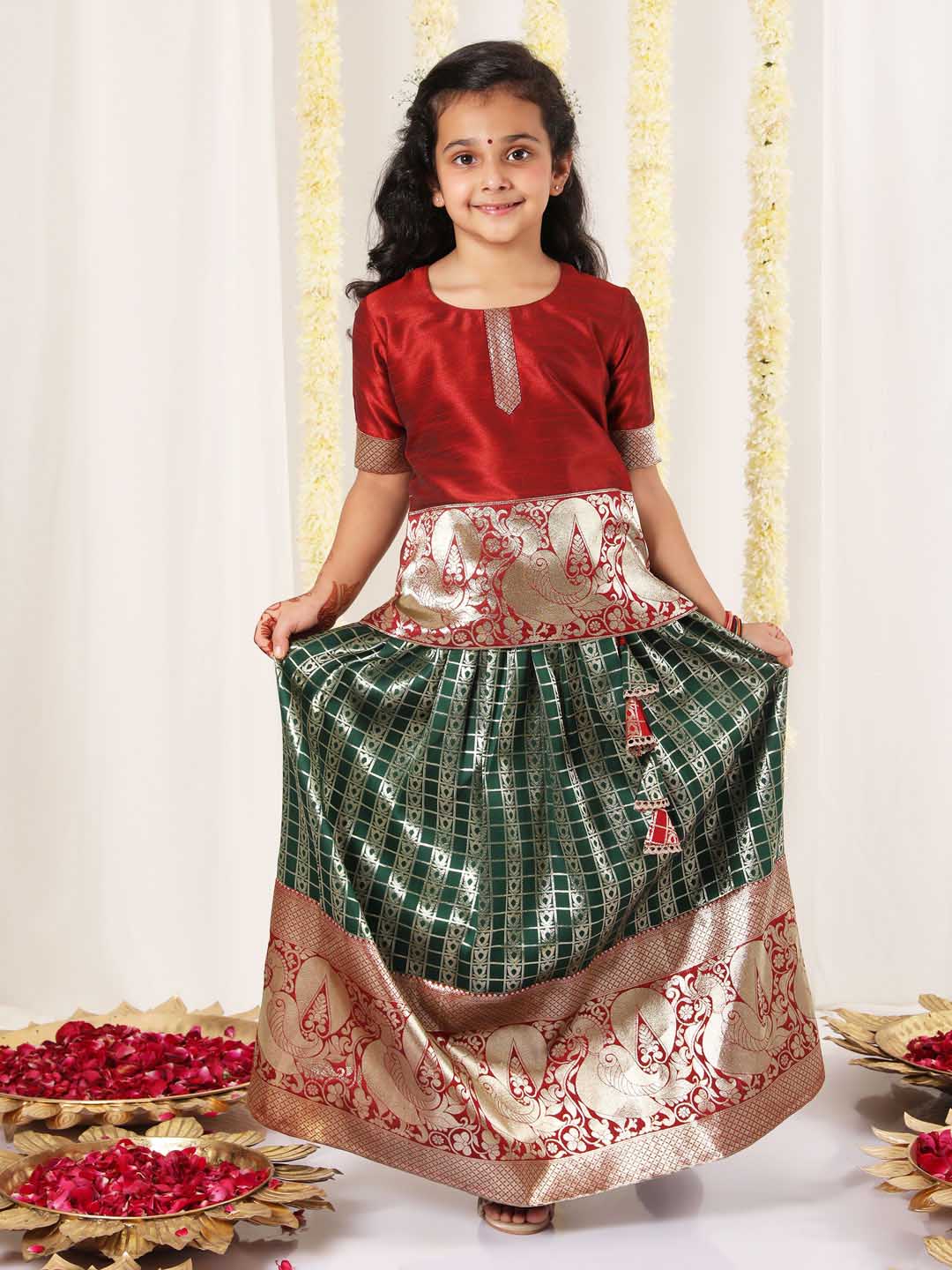 Vastramay Girl's Maroon And Green Pavda Pattu Lehenga Choli Set