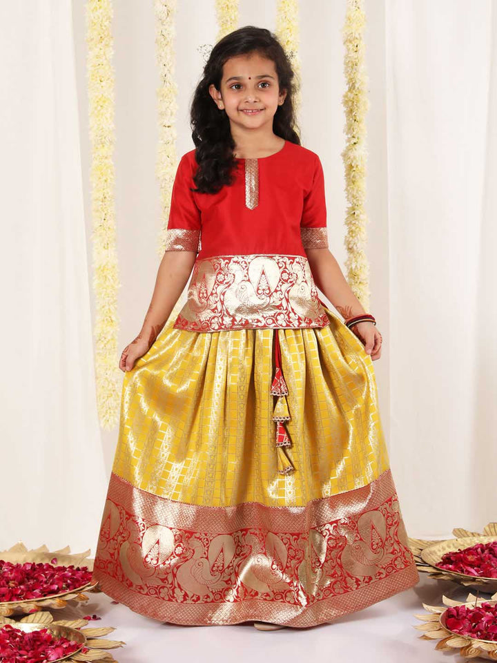 Vastramay Girl's Maroon And Yellow Pavda Pattu Lehenga Choli Set