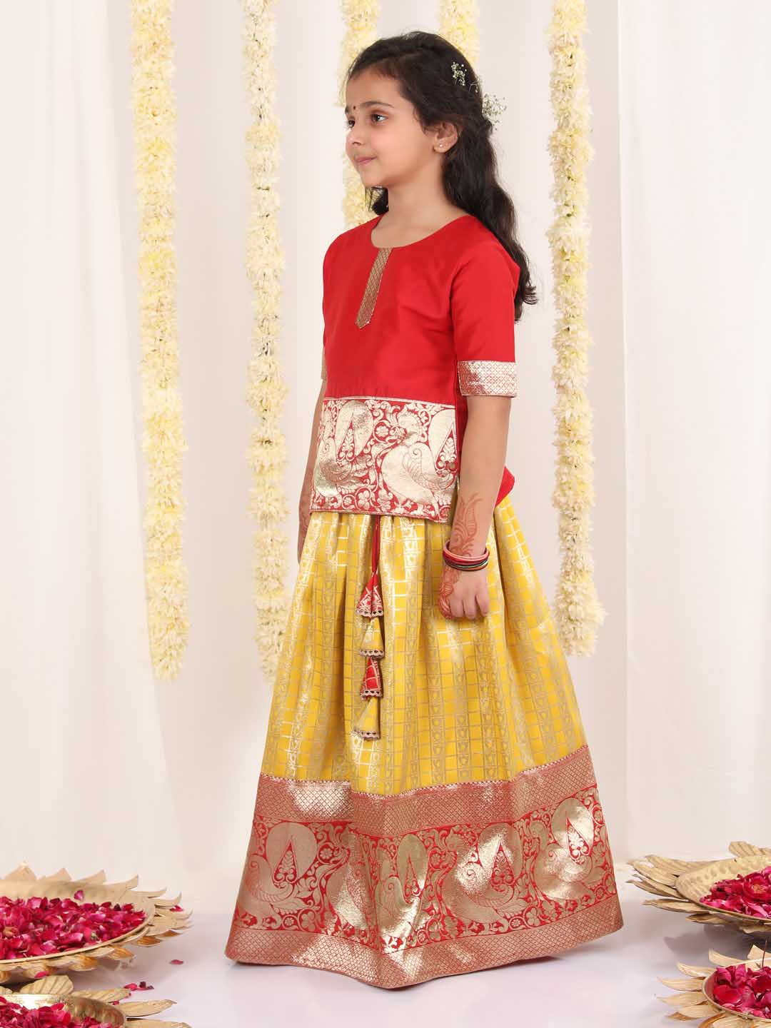 Vastramay Girl's Maroon And Yellow Pavda Pattu Lehenga Choli Set