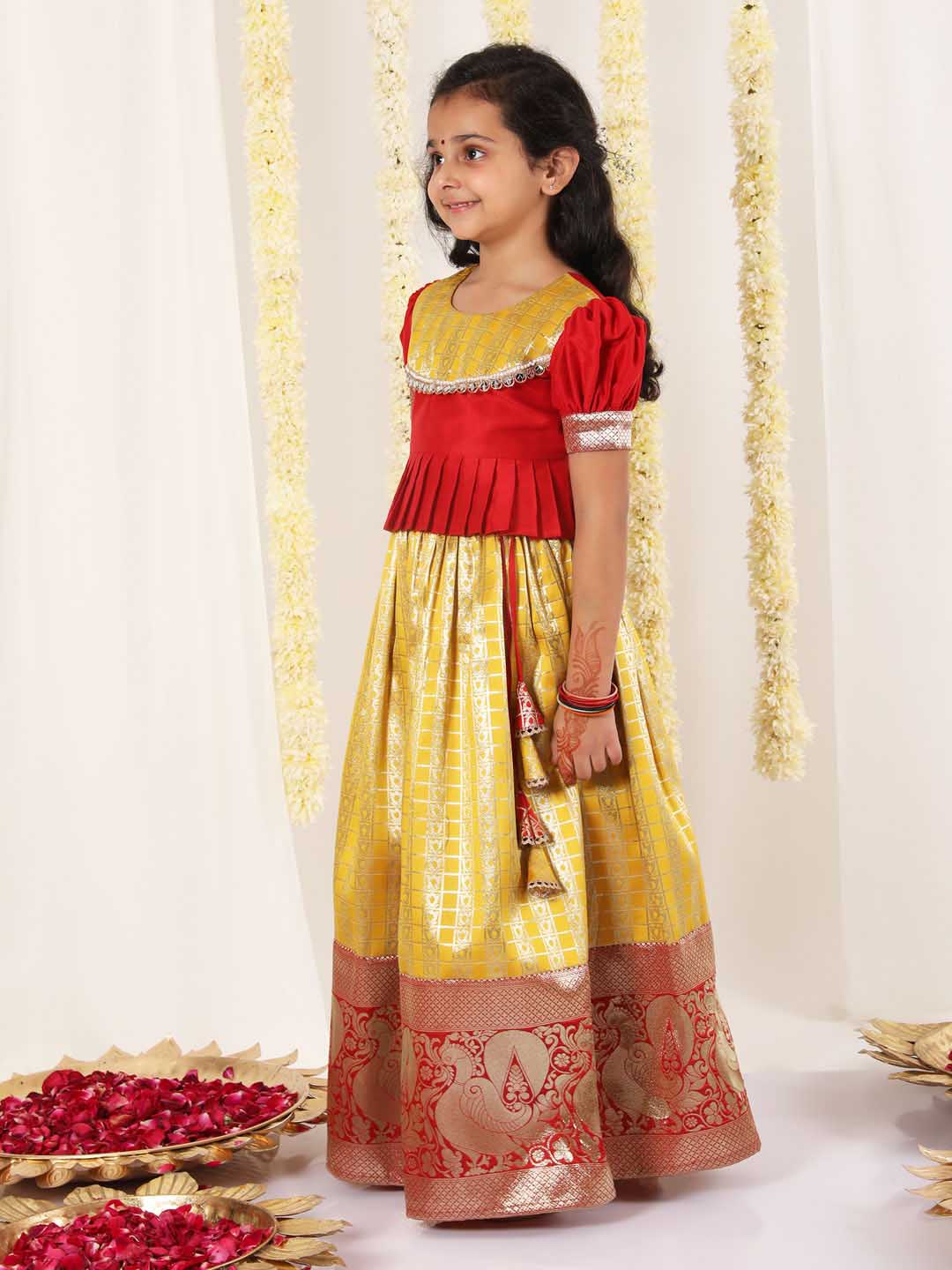 Vastramay Girl's Yellow Pavda Pattu Lehenga Choli Set