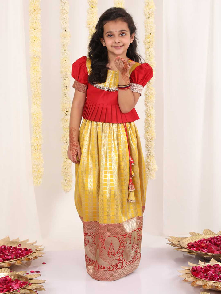 Vastramay Girl's Yellow Pavda Pattu Lehenga Choli Set