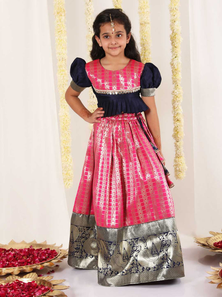 Vastramay Girl's Pink Pavda Pattu Lehenga Choli Set