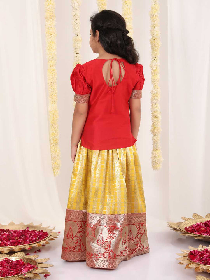 Vastramay Girl's Yellow And Maroon Pavda Pattu Lehenga Choli Set