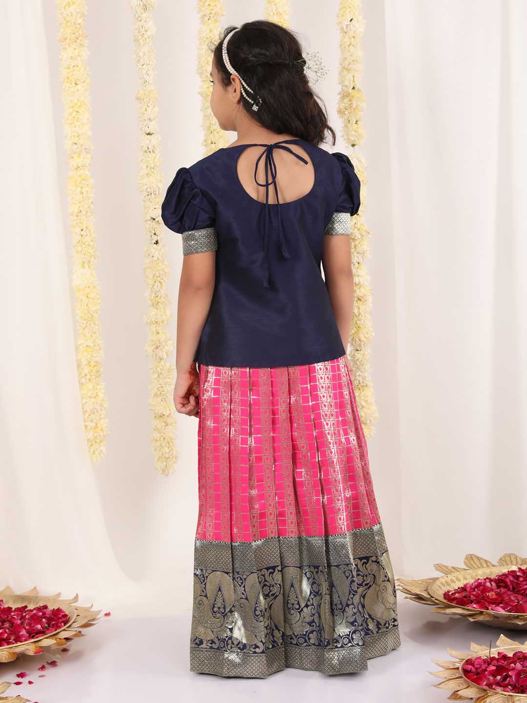 Vastramay Girl's Blue And Pink Pavda Pattu Lehenga Choli Set