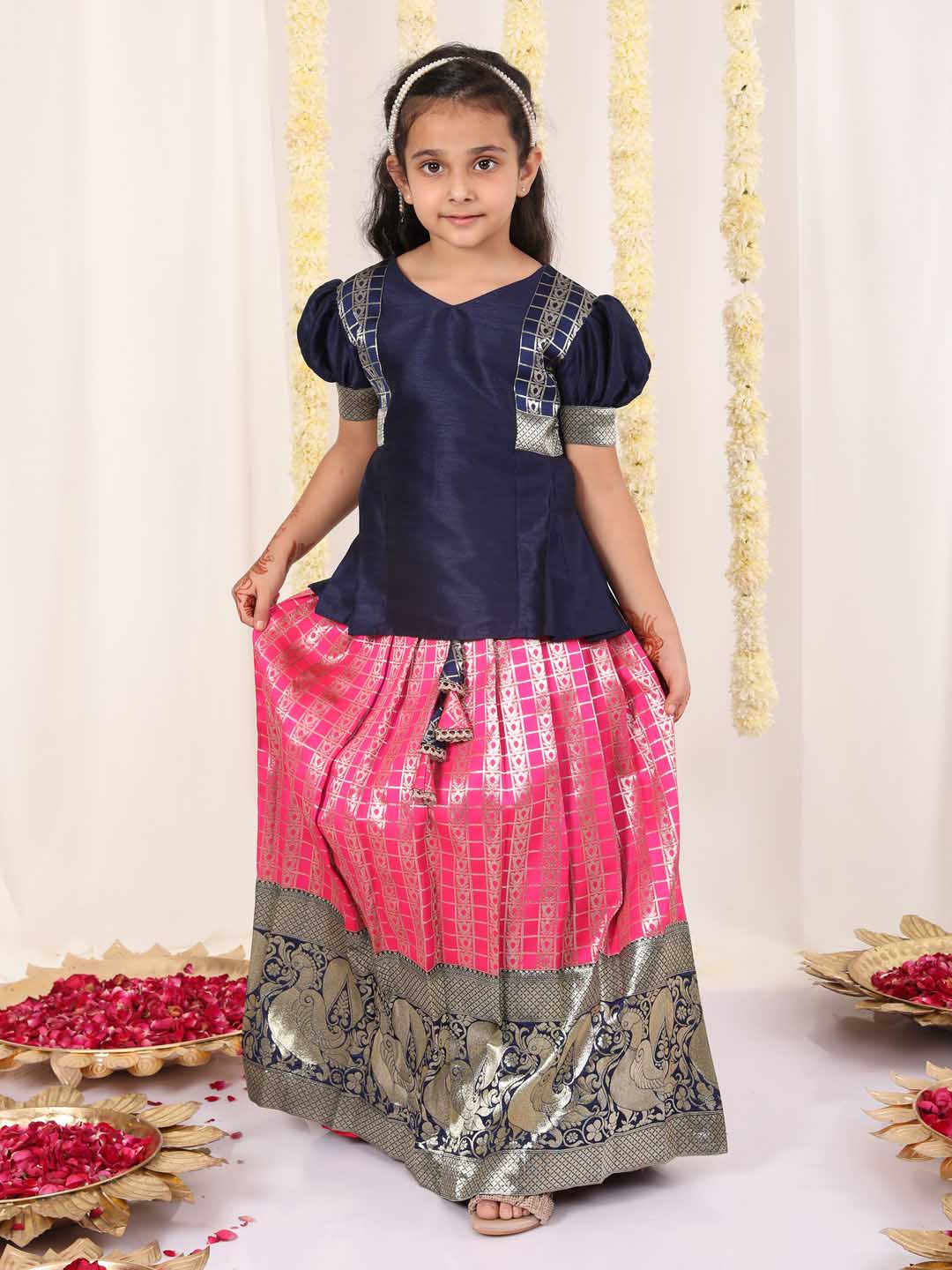 Vastramay Girl's Blue And Pink Pavda Pattu Lehenga Choli Set