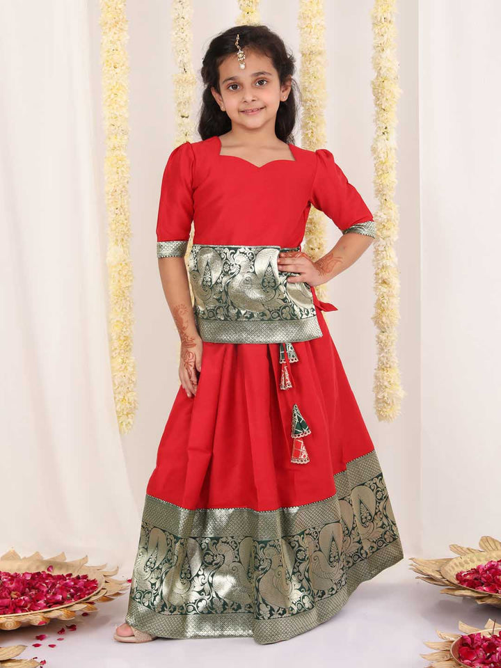 Vastramay Girl's Red Pavda Pattu Lehenga Choli Set