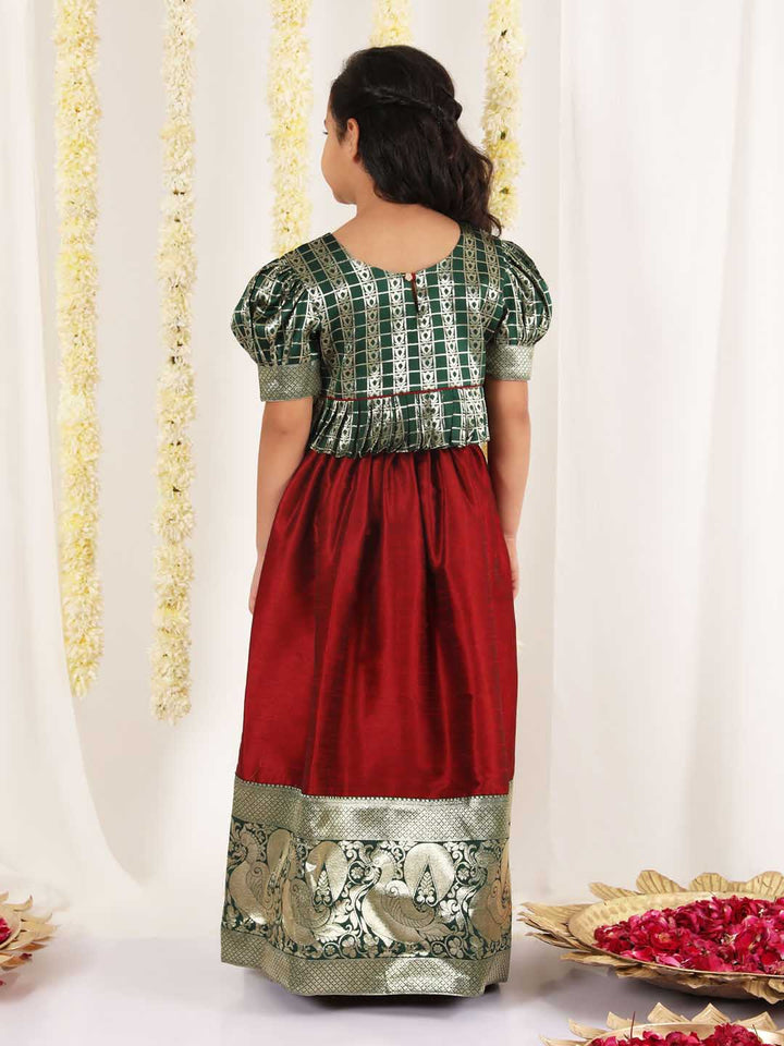 Vastramay Girl's Green And Maroon Pavda Pattu Lehenga Choli Set