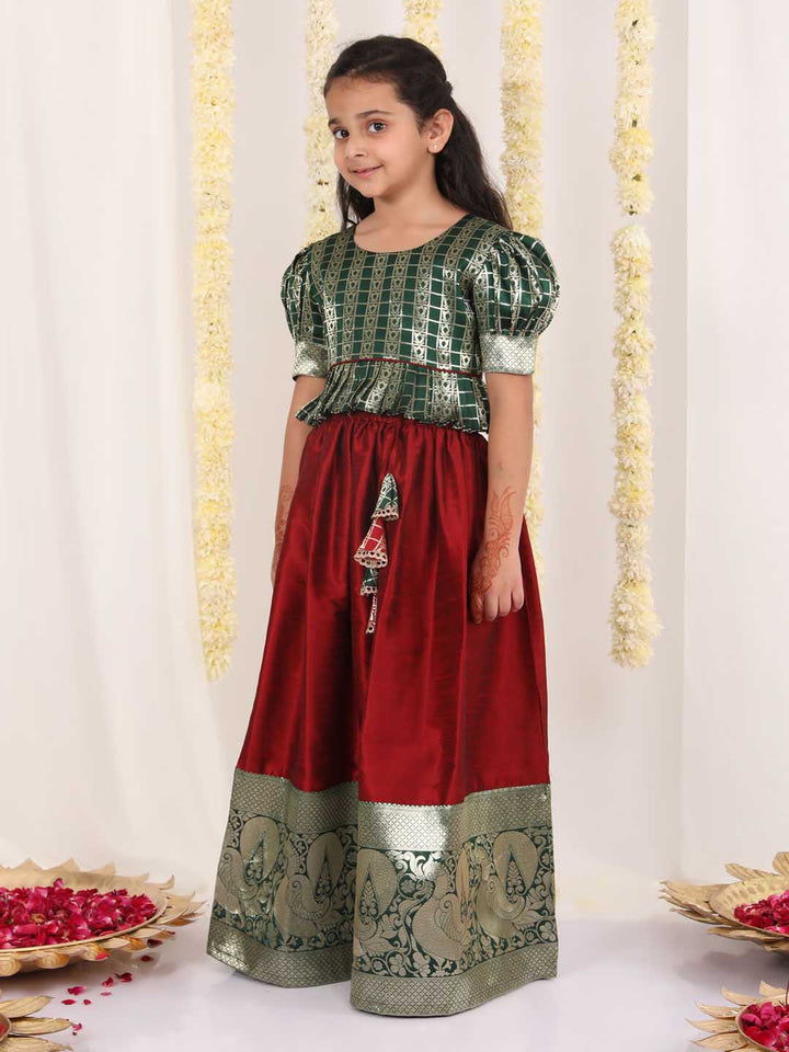 Vastramay Girl's Green And Maroon Pavda Pattu Lehenga Choli Set