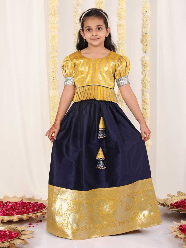 Vastramay Girl's Yellow And Blue Pavda Pattu Lehenga Choli Set