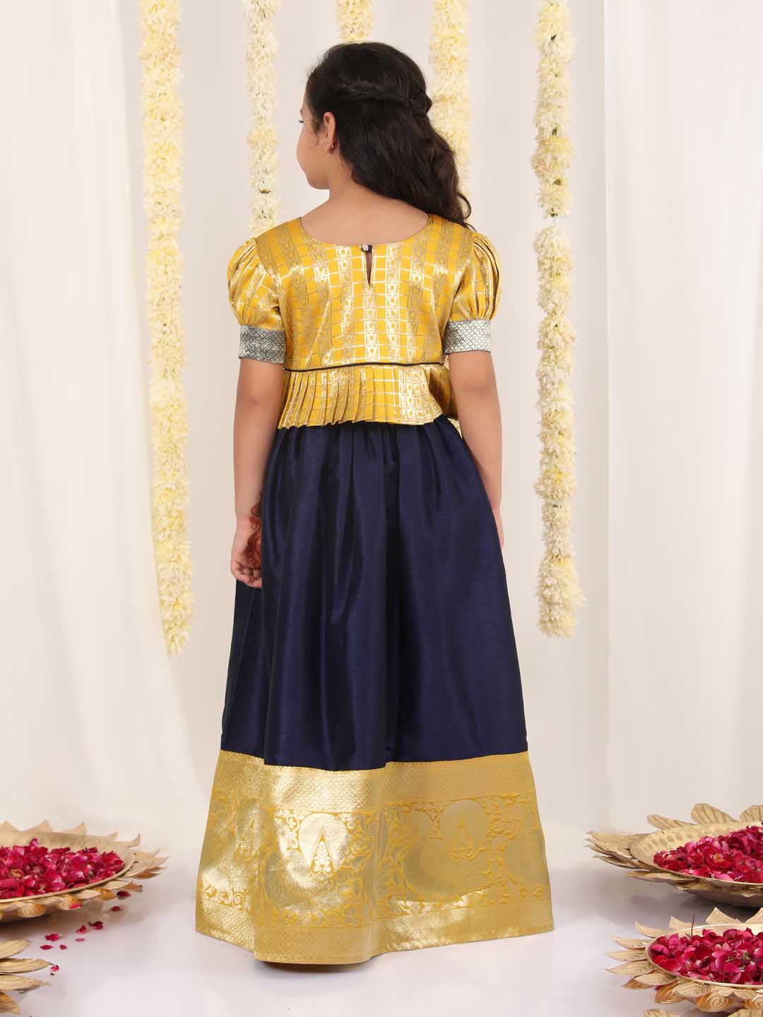 Vastramay Girl's Yellow And Blue Pavda Pattu Lehenga Choli Set