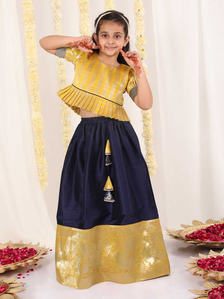 Vastramay Girl's Yellow And Blue Pavda Pattu Lehenga Choli Set