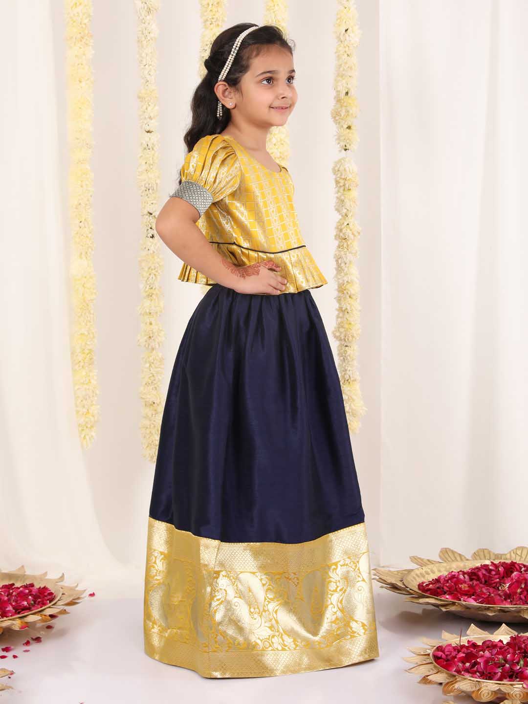 Vastramay Girl's Yellow And Blue Pavda Pattu Lehenga Choli Set