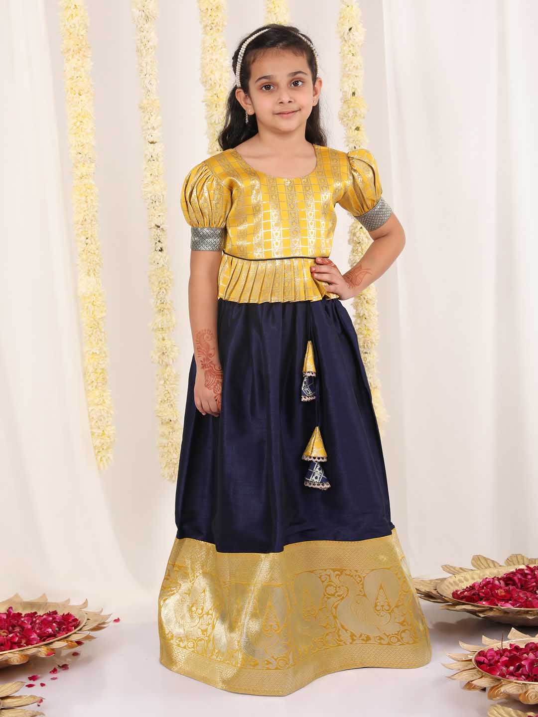 Vastramay Girl's Yellow And Blue Pavda Pattu Lehenga Choli Set