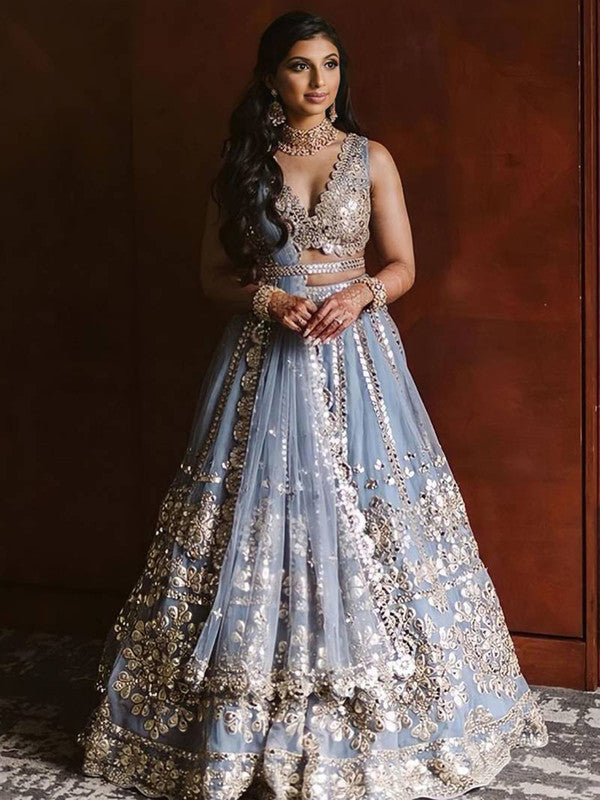Blue Net lehnga with foil paper & zari work - INSPIRED | Ready To Wear - qivii