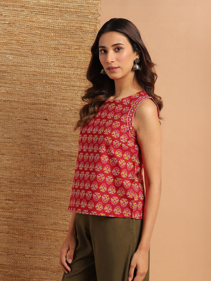 Red Cotton Floral Print Top  - By Janasya