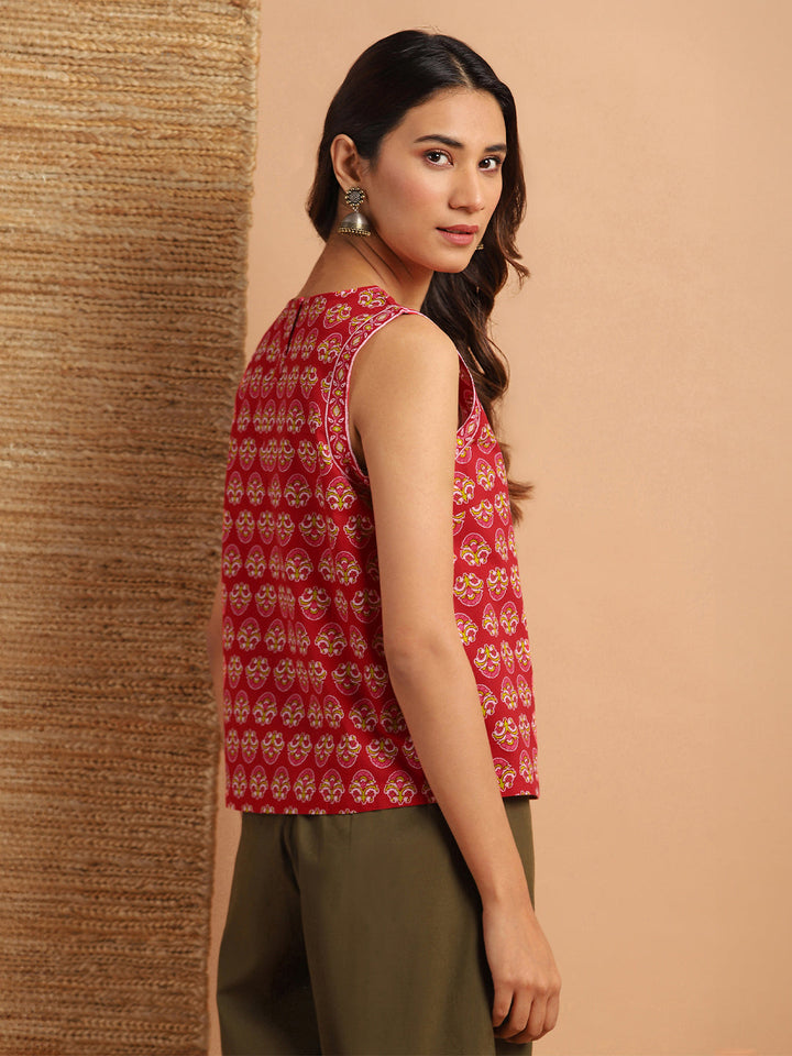 Red Cotton Floral Print Top  - By Janasya