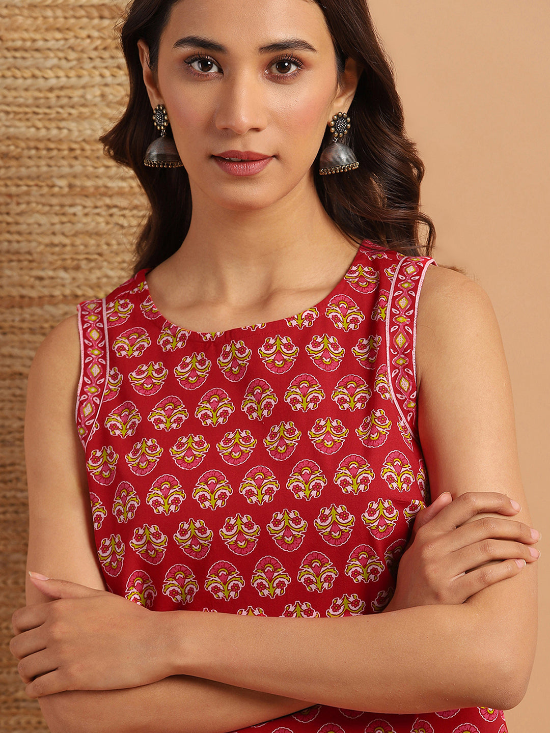 Red Cotton Floral Print Regular Top  - By Janasya