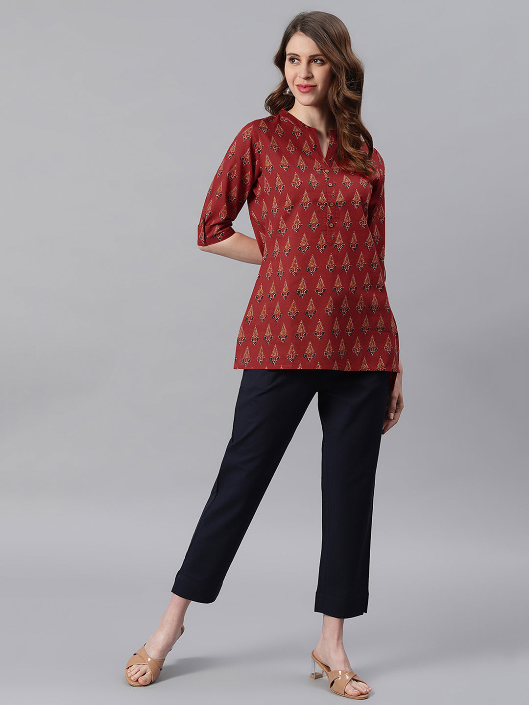 Red Cotton Ethnic Motifs Straight Tunic  - By Janasya