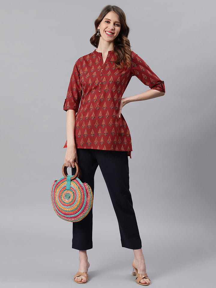 Red Cotton Ethnic Motifs Straight Tunic  - By Janasya