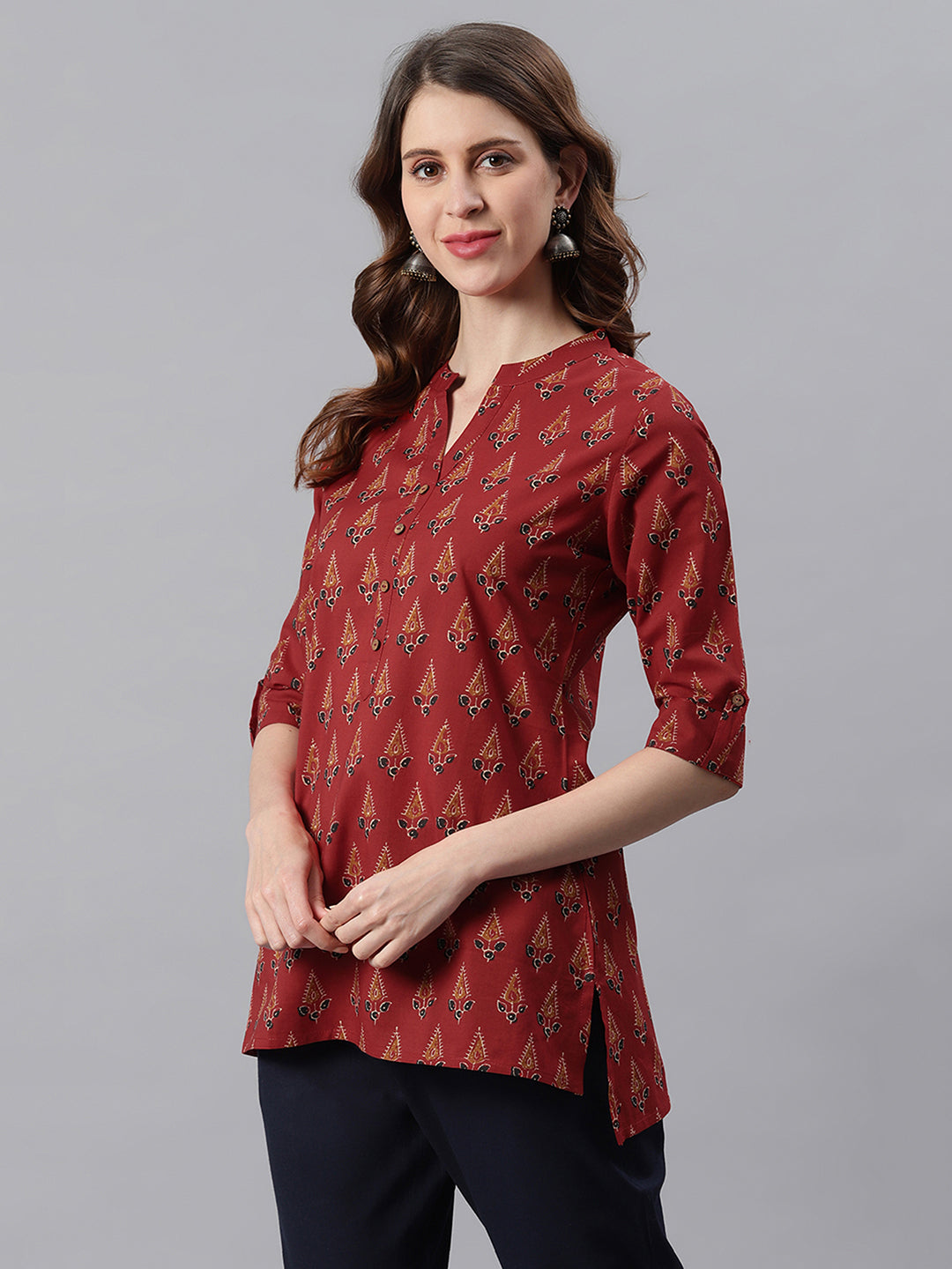 Red Cotton Ethnic Motifs Straight Tunic  - By Janasya