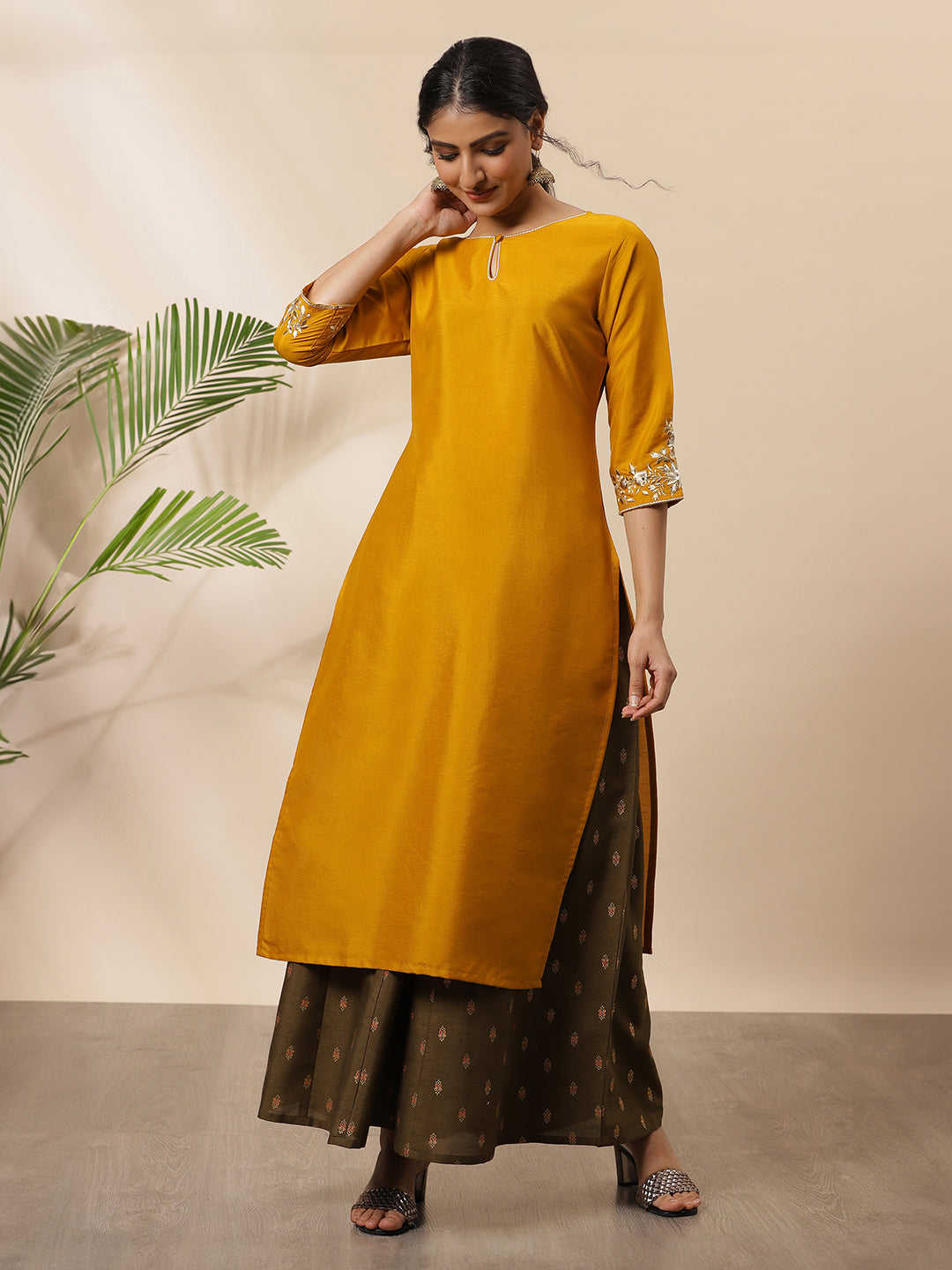 Mustard Poly Silk Embroidered Straight Kurta  - By Janasya