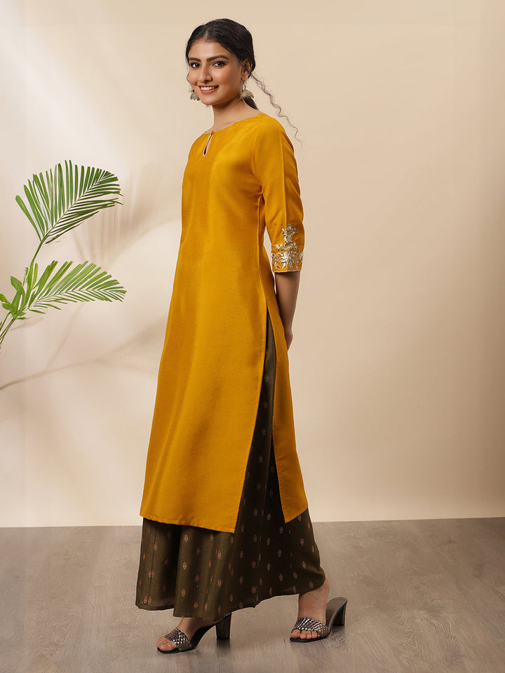 Mustard Poly Silk Embroidered Straight Kurta  - By Janasya