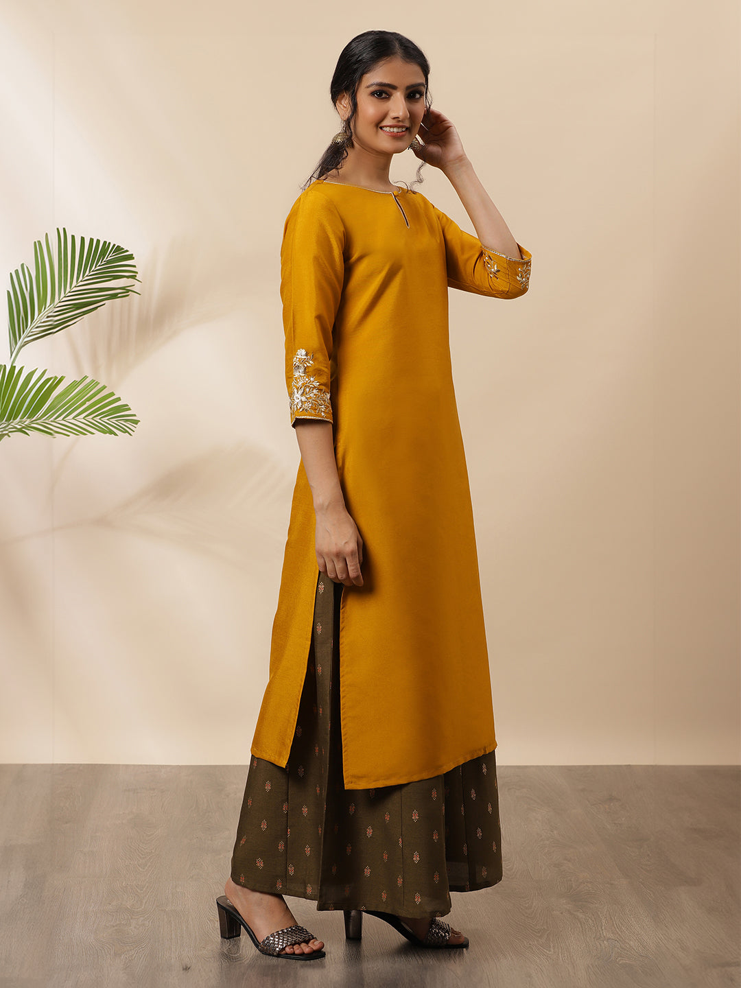 Mustard Poly Silk Embroidered Straight Kurta  - By Janasya