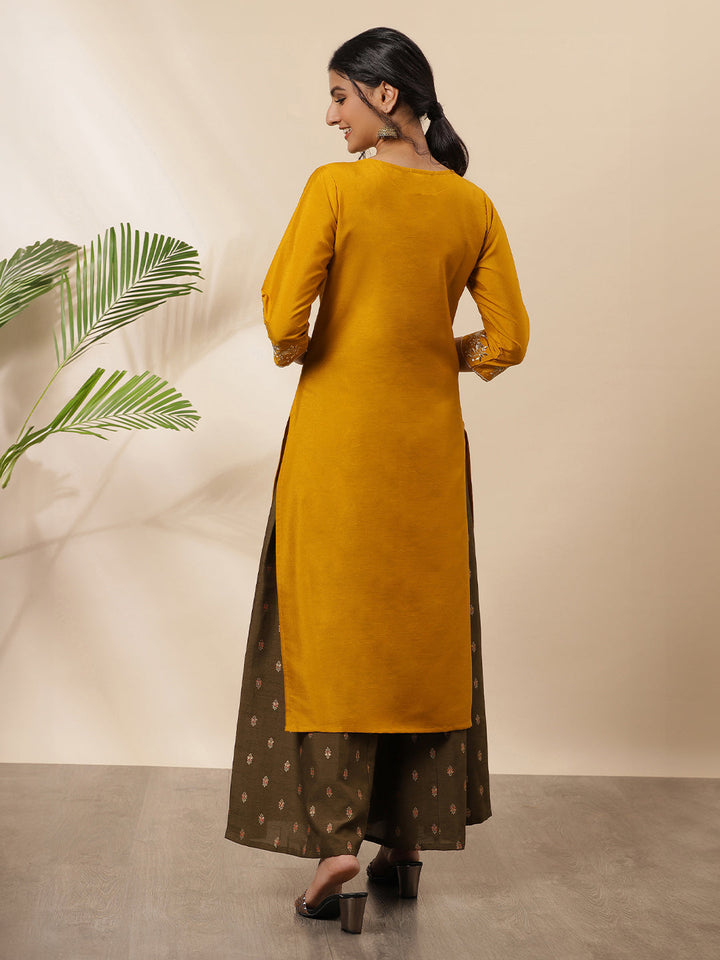 Mustard Poly Silk Embroidered Straight Kurta  - By Janasya