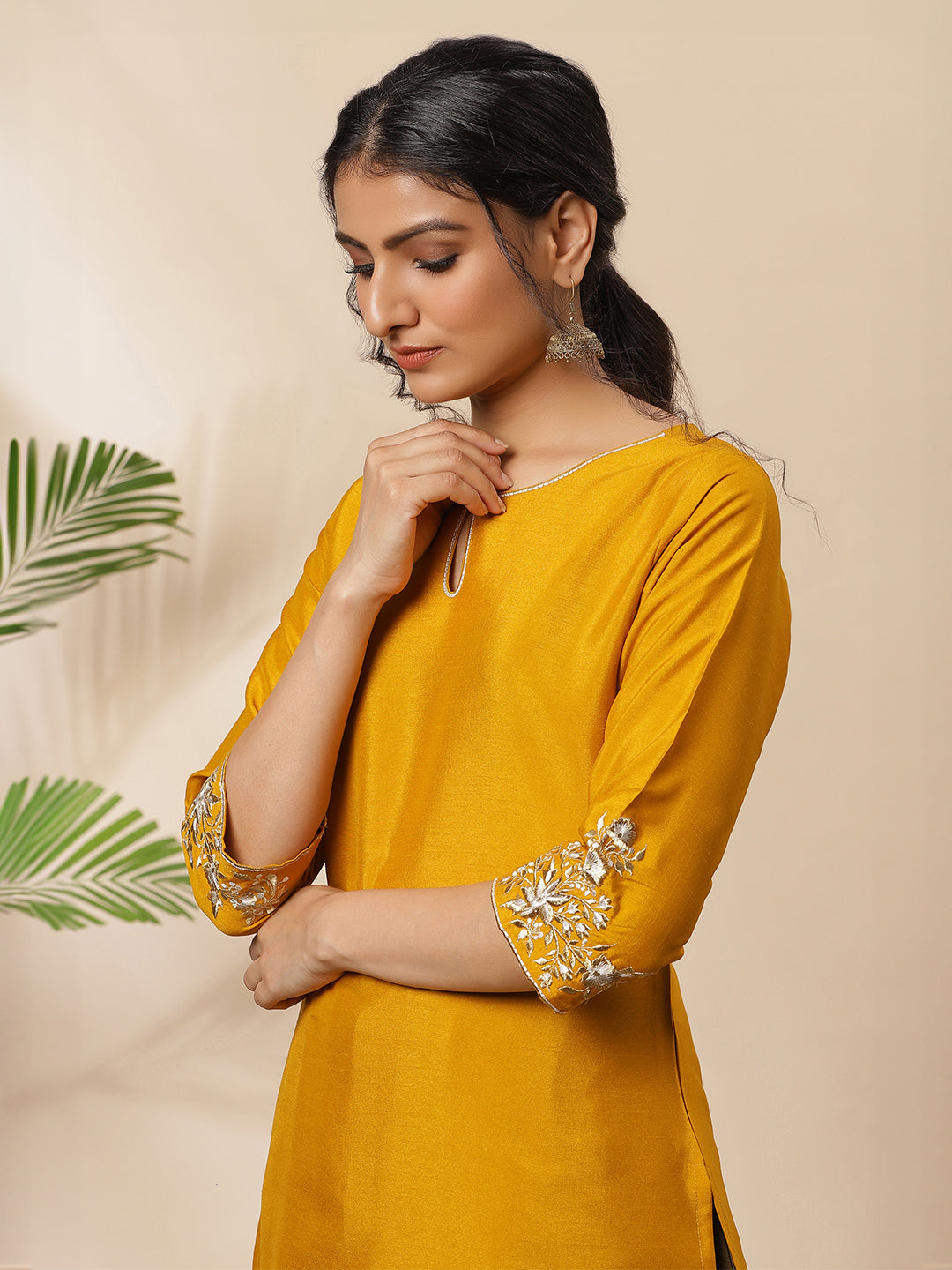 Mustard Poly Silk Embroidered Straight Kurta  - By Janasya