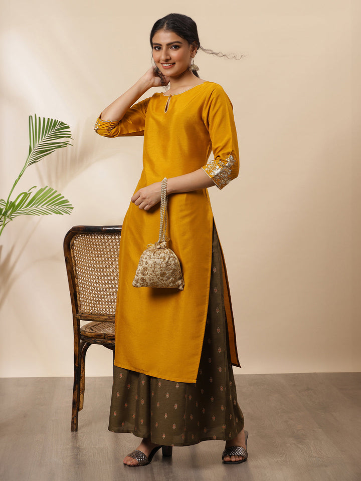 Mustard Poly Silk Embroidered Straight Kurta  - By Janasya