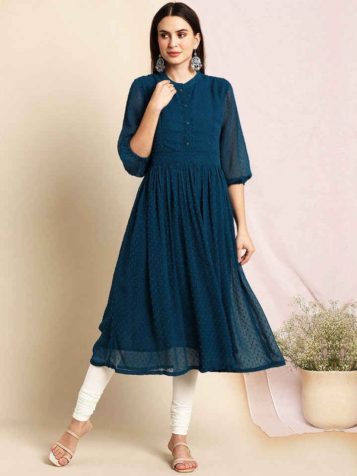 Teal Poly Chiffon Self Design Flared Kurta  - By Janasya