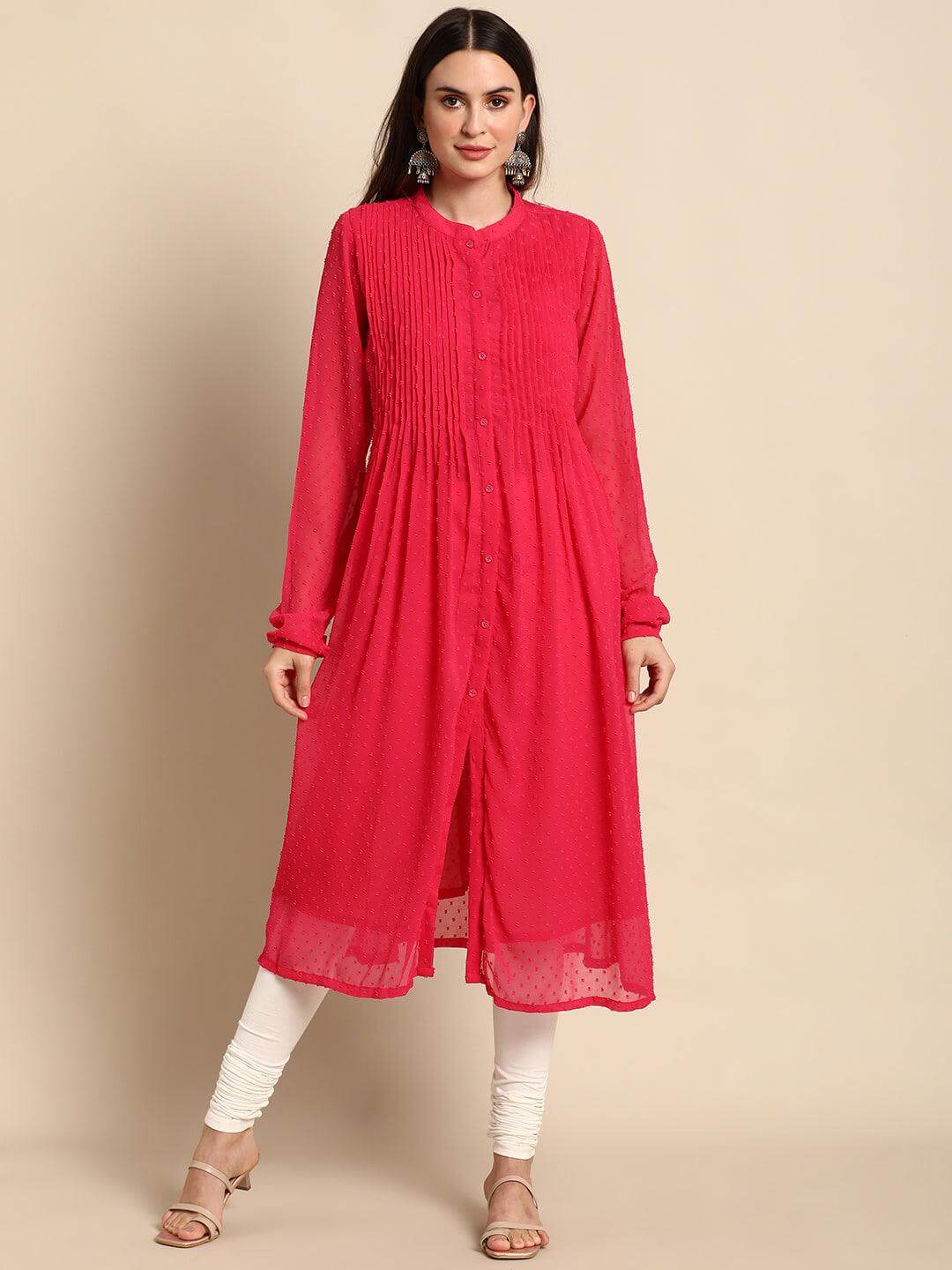 Pink Poly Chiffon Self Design Frontslit Kurta  - By Janasya