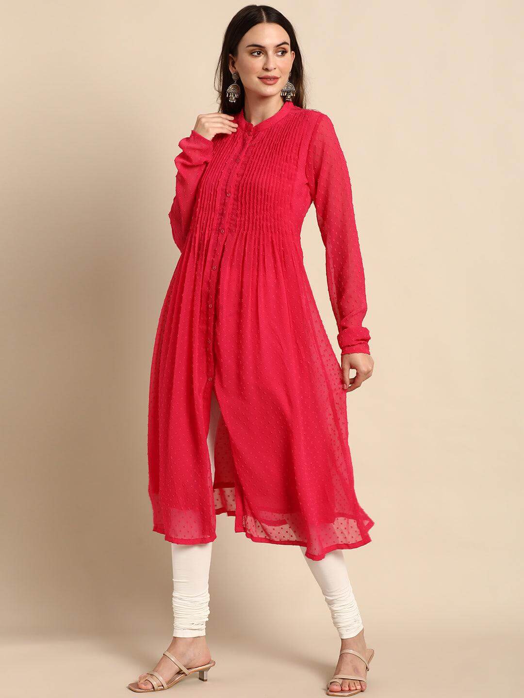 Pink Poly Chiffon Self Design Frontslit Kurta  - By Janasya