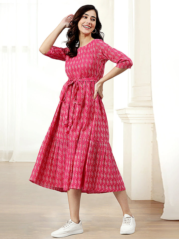 Pink Cotton Woven Design Tiered Western Dress  - By Janasya