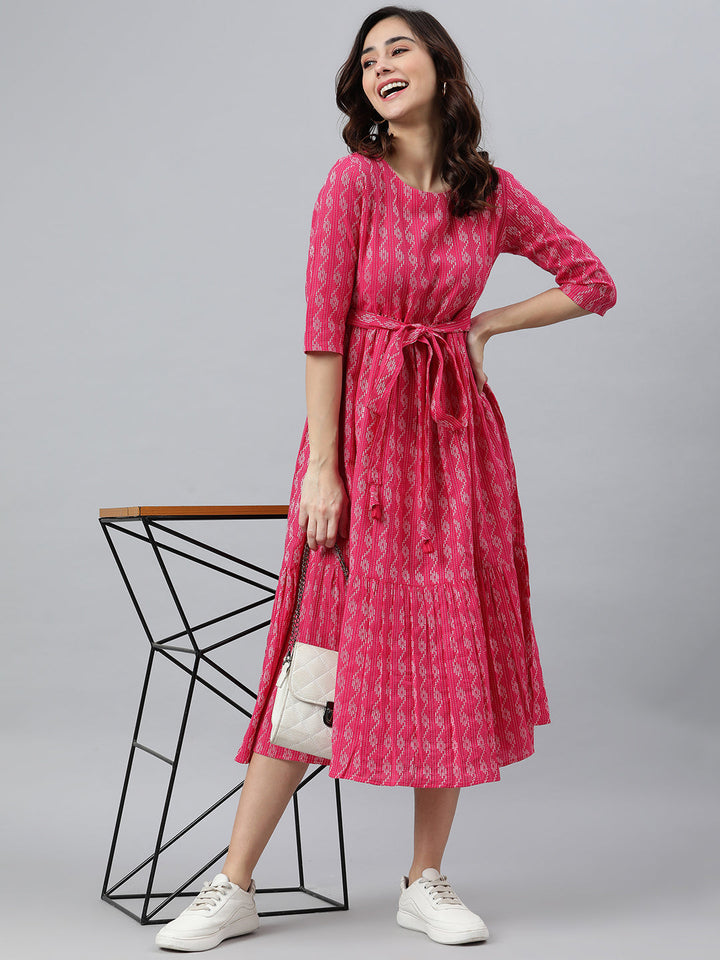 Pink Cotton Woven Design Tiered Western Dress  - By Janasya