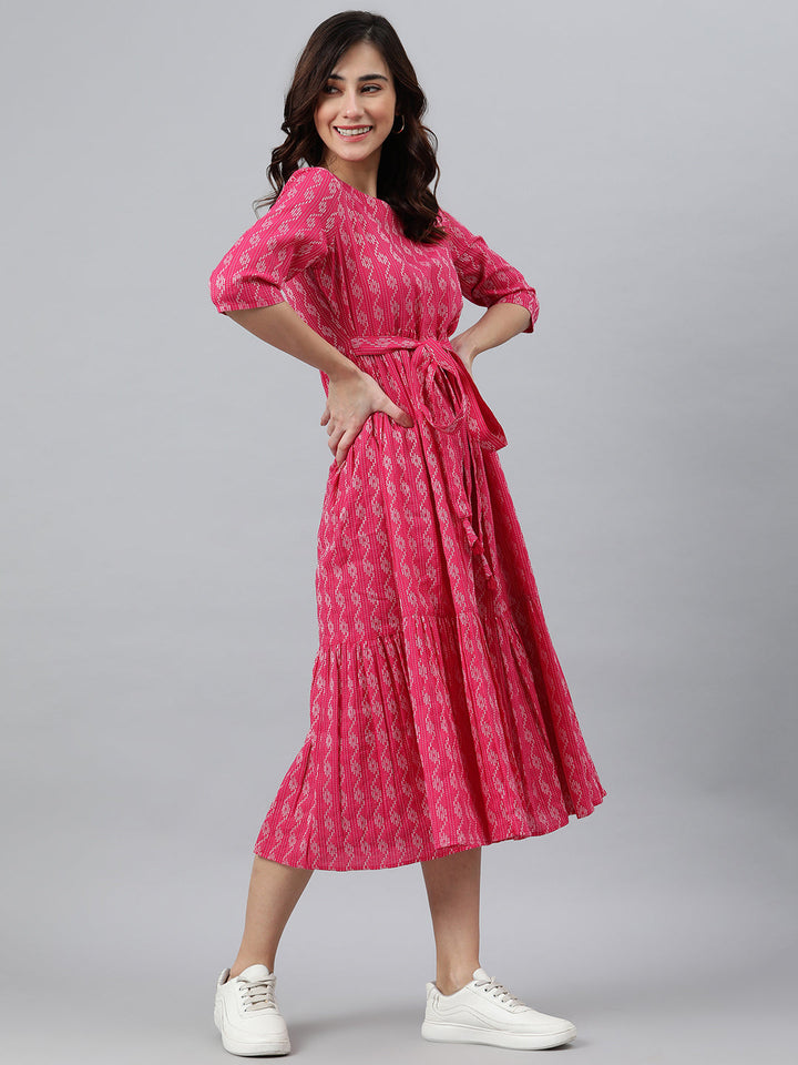 Pink Cotton Woven Design Tiered Western Dress  - By Janasya