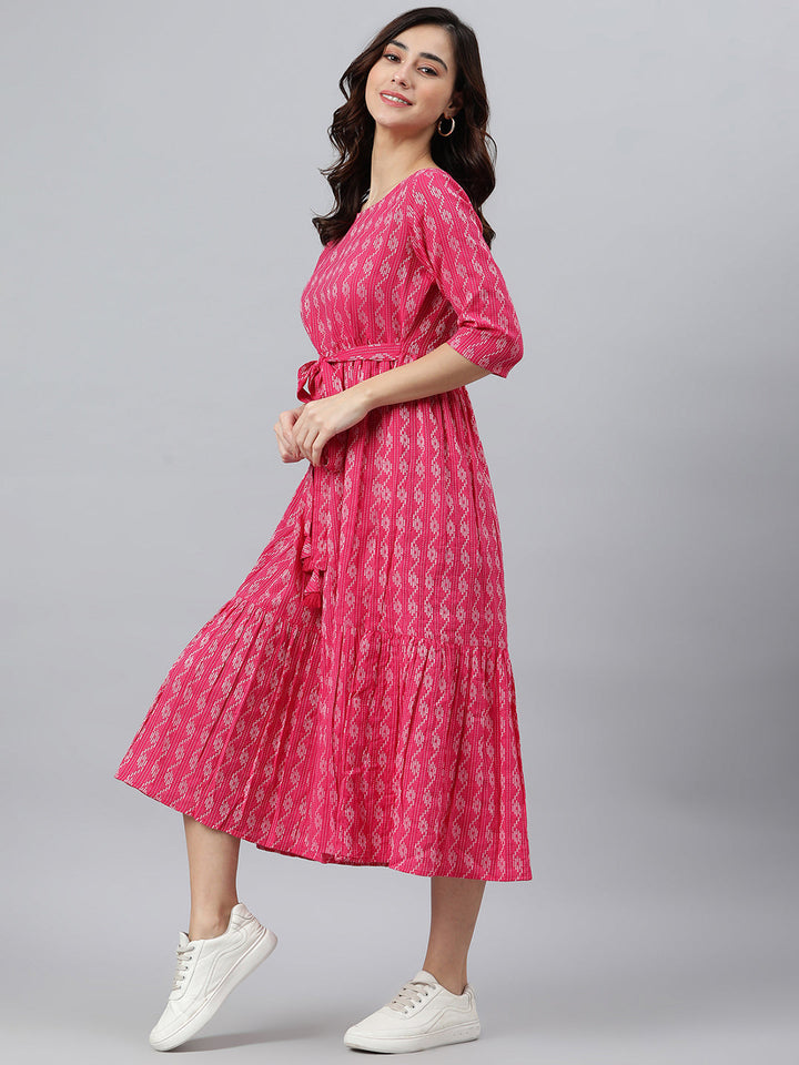 Pink Cotton Woven Design Tiered Western Dress  - By Janasya