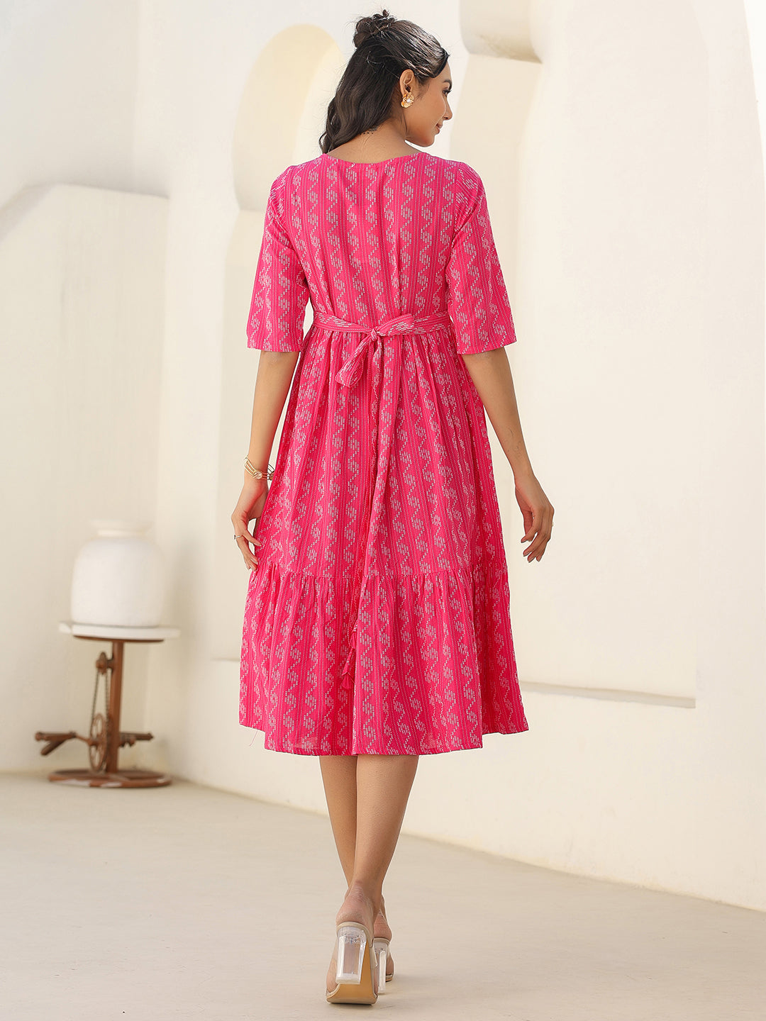 Pink Cotton Woven Design Tiered Western Dress - qivii