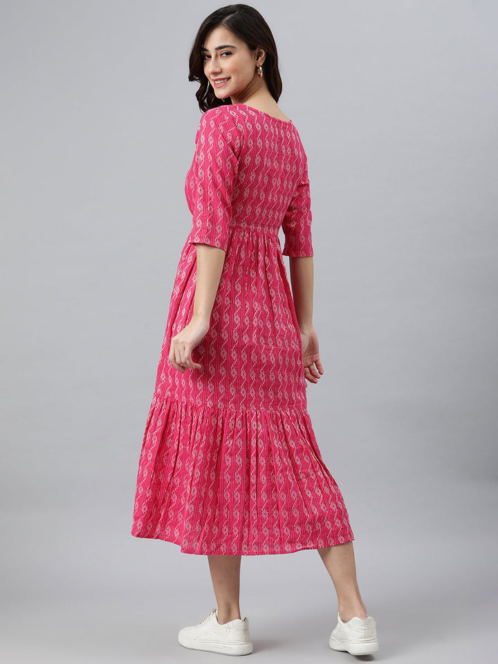 Pink Cotton Woven Design Tiered Western Dress  - By Janasya