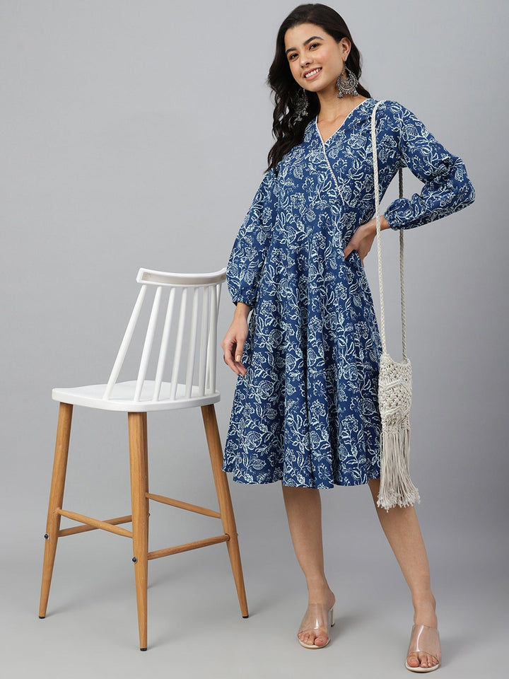 Navy Blue Cotton Floral Print Angrakha Western Dress  - By Janasya