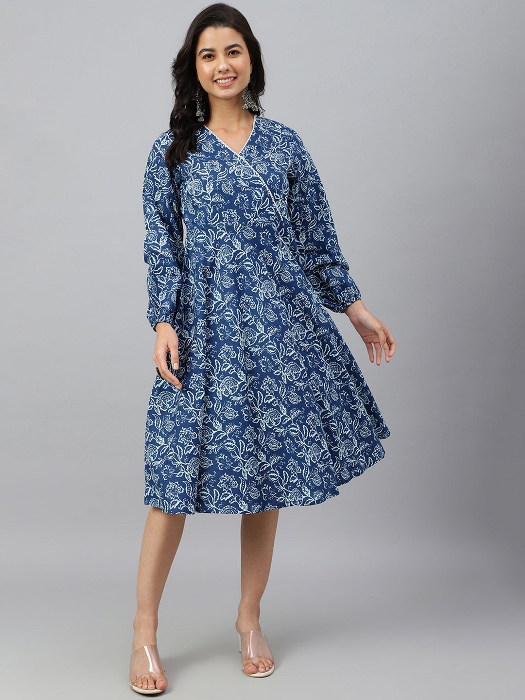 Navy Blue Cotton Floral Print Angrakha Western Dress  - By Janasya