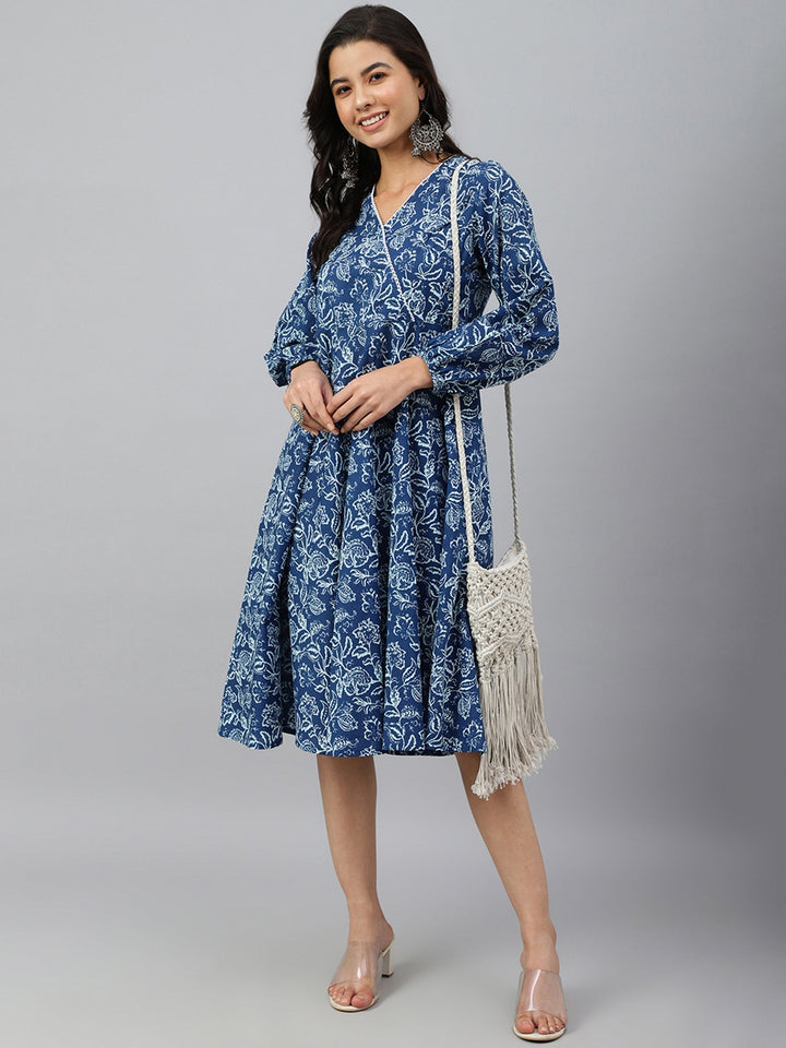 Navy Blue Cotton Floral Print Angrakha Western Dress  - By Janasya