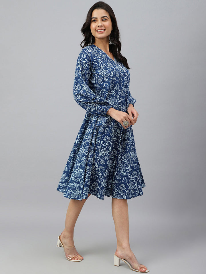 Navy Blue Cotton Floral Print Angrakha Western Dress  - By Janasya