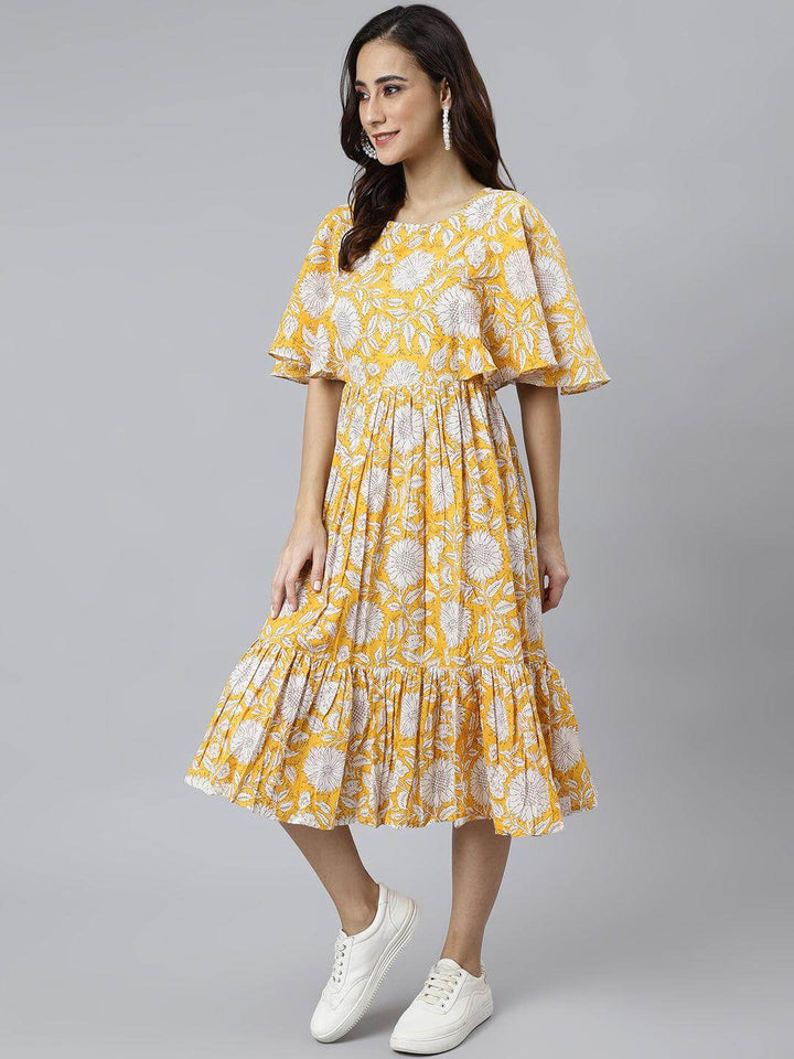 Yellow Cotton Floral Print Flared Western Dress  - By Janasya