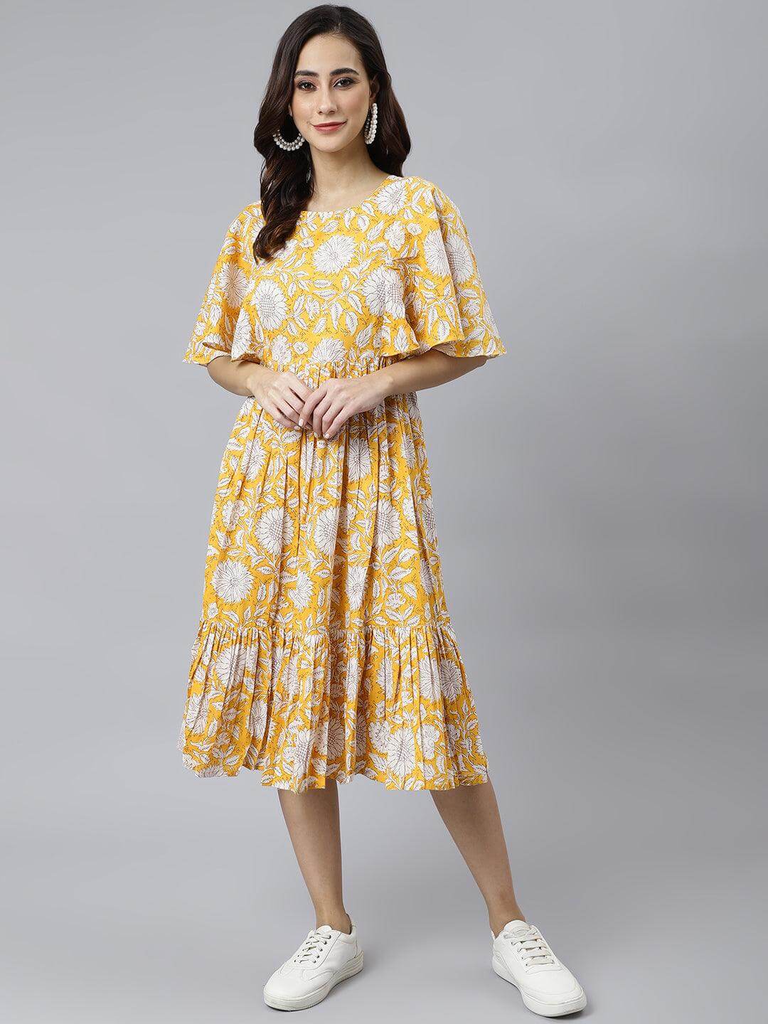 Yellow Cotton Floral Print Flared Western Dress  - By Janasya