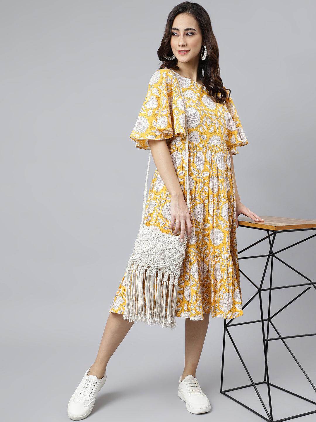 Yellow Cotton Floral Print Flared Western Dress  - By Janasya