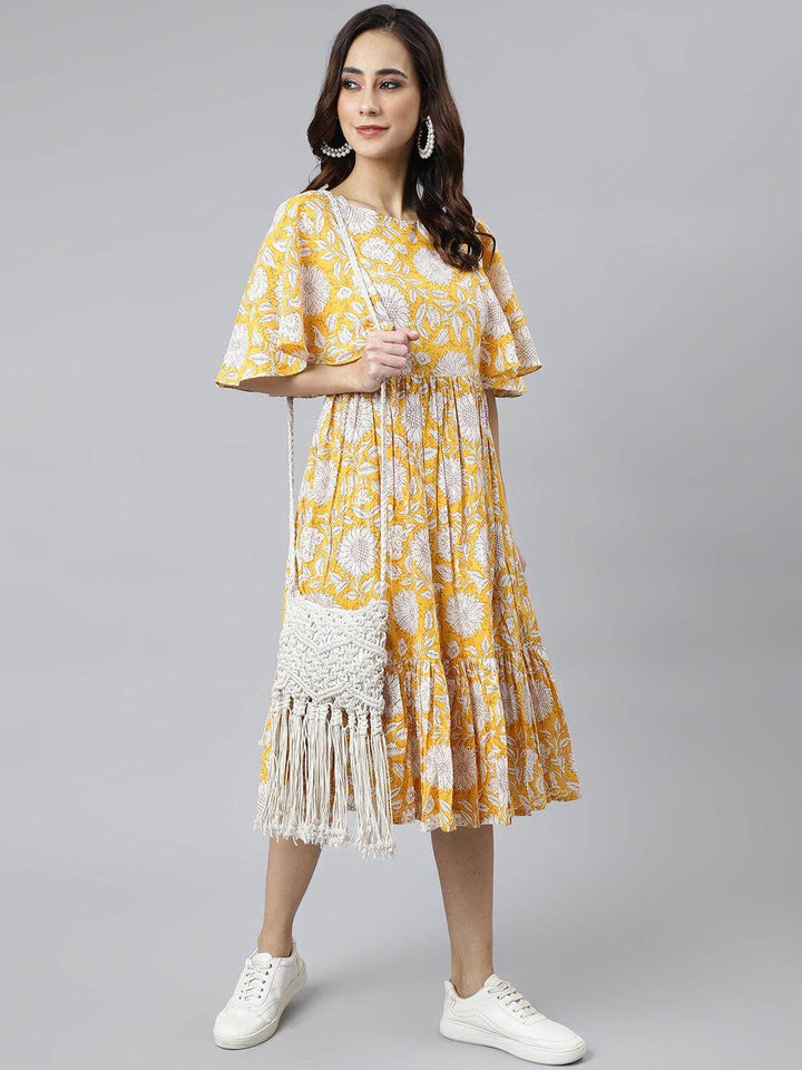 Yellow Cotton Floral Print Flared Western Dress  - By Janasya